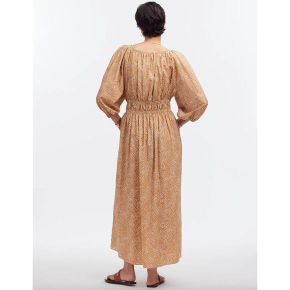 Madewell V Neck Balloon Sleeve Maxi Dress Spiral Dot Tan Smocked Boho US 00 NWT - Picture 4 of 16